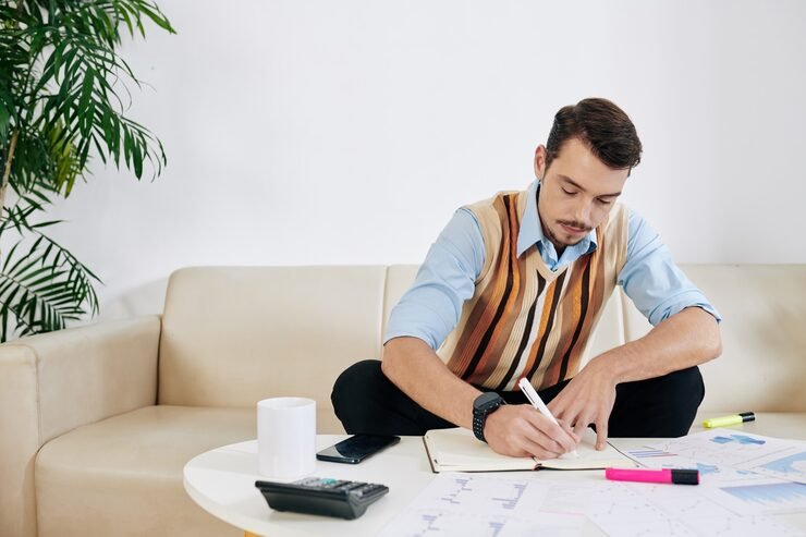 Person creating a personal finance plan with a budget, savings goals, and expense calculations