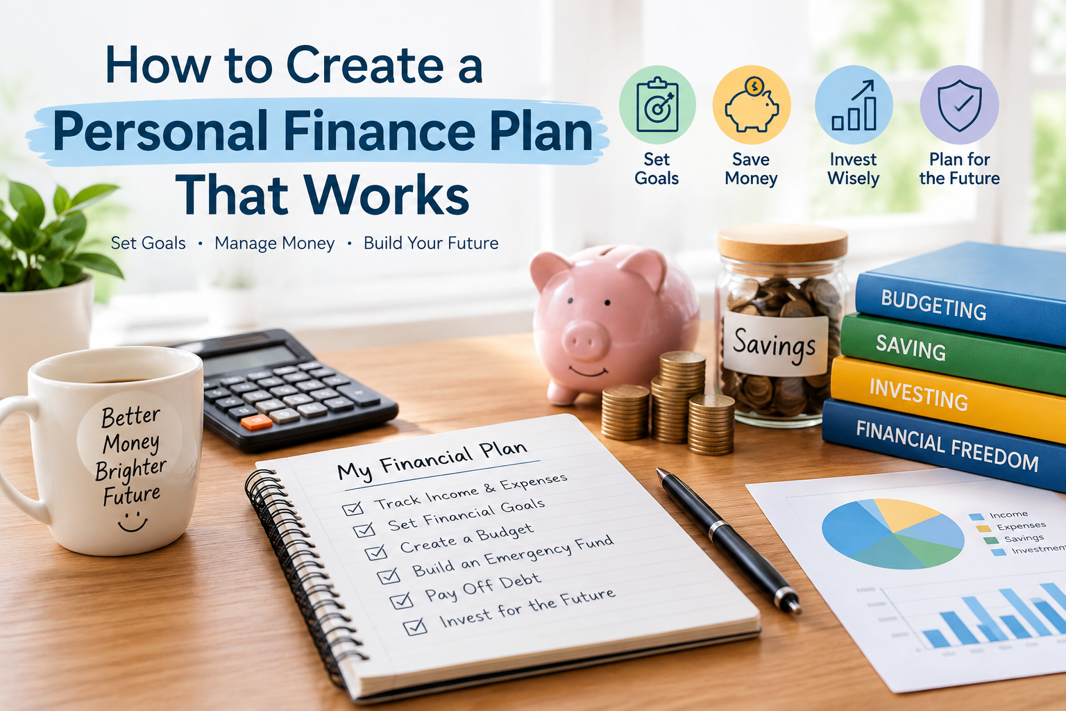 Person creating a personal finance plan with a budget, savings goals, and expense calculations